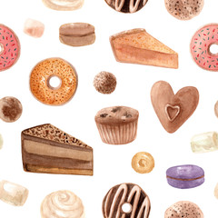 Seamless pattern. Watercolor sweets. Hand drawn dessert illustration. Design fabric, packaging, textile