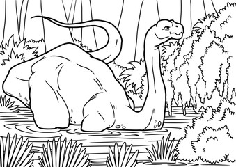Outline Brontosaurus Dinosaur Illustration, Coloring page, A4 © Михаил Пенькевич