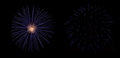 before and after the explosion of a violet firework