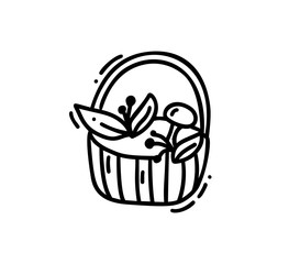 Hand drawn vector doodle illustration of tea cup. Basket with burries and mushrooms icon line symbol. Monoline quality sketch
