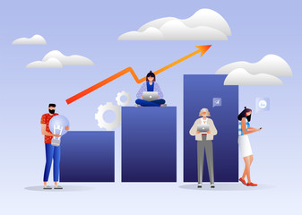 Illustration of virtual business assistant. group of people characters are thinking over an idea. prepare a business project start up. rise of the career to success marketing, analysis