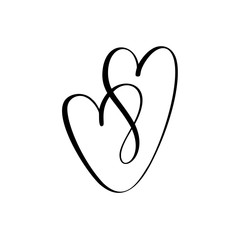 Two vector black hearts sign. Icon on white background. Illustration romantic symbol linked, join, love, passion and wedding. Template for t shirt, card, poster. Design flat element of valentine day