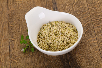 Peeled hemp seeds in the bowl