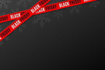 Template for Black Friday sale on black background. Crossed red ribbons with text. Snowflakes background. Super seasonal sale. Festive graphic elements. Vector illustration