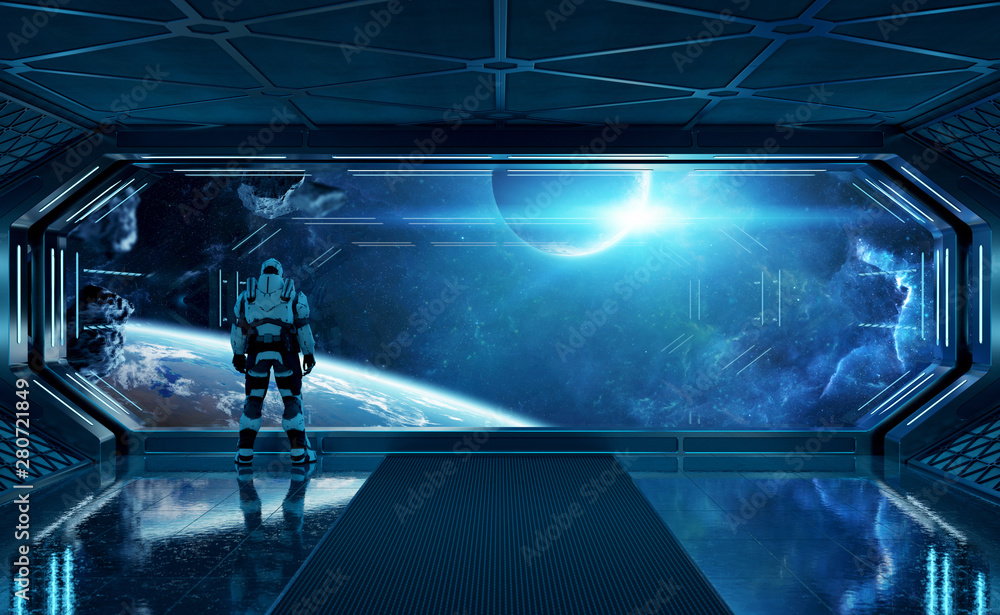 Aufkleber Astronaut in futuristic spaceship watching space through a large window 3d rendering elements of this image furnished by NASA