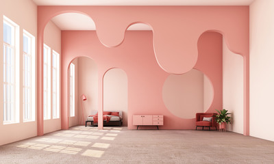 Abstract interior design.living area and bedroom with architectural elements in pink tone, circular arc, round opening and concrete floor.3d rendering