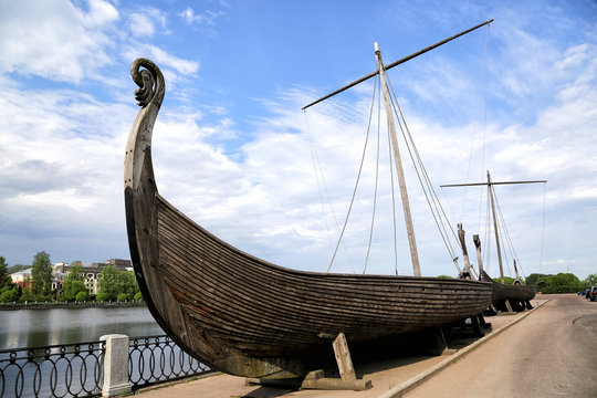 Vyborg, Russia - 05/21/2019: Copies of the Vikings Drakkar, built for the filming of the film "Trees grow on stones"