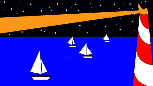 faro encendido y barcos en la noche