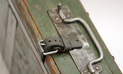 Detail ,German wooden suitcase with metal handle. Used by the German Army in the Second World War