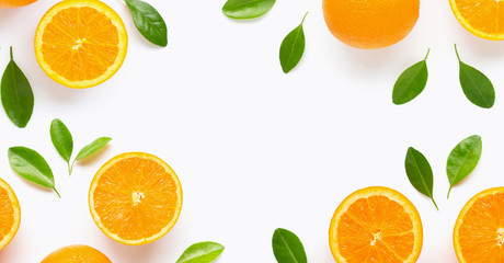 Fototapeta na wymiar Frame made of fresh orange citrus fruit with leaves isolated on white background. Juicy and sweet.