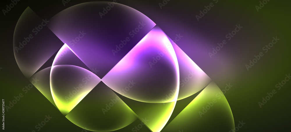 Fototapete techno glowing glass geometric shapes vector background, futuristic dark template with neon light ef