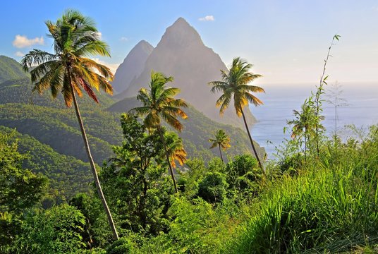 Tropical landscape with the two Pitons, Gros Piton 770m and Petit Piton 743m, Soufriere, St. Lucia, Lesser Antilles, West Indies, Caribbean Islands
