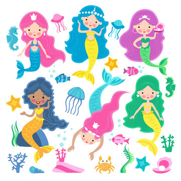 Set of of cute mermaid princess with colorful hair and other under the sea animals: fish, jellyfish, starfish, seahorse, crab.