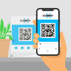 Screen smartphone with app in hand. Scanning qr code on table and online payment, money transfer. Illustration of flat style. Vector isometric infographics.