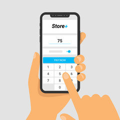 Vector illustration of phone in hand. The application for paying for purchases on smartphone screen. Enter amount on screen keyboard. Finger touch display. Vector flat infographics.
