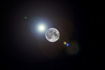 Full moon surrounded by stars and a great halo of light
