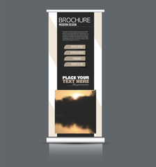 Roll up stand template. Vectical banner layout design for advertisement, presentation, business, education. Brown and black color. Vector illustration.