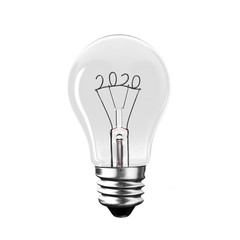 Light bulb with 2020 wire shape, isolated on white background, front view, 3D illustration.