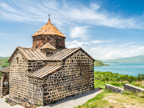 Ancient Sevanavank monastery on peninsula of Lake Sevan in Armenia