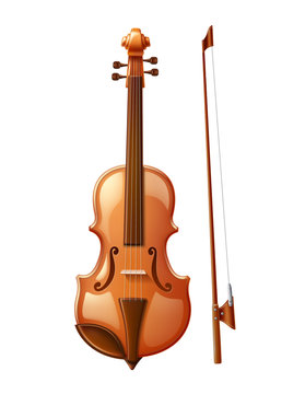 Realistic violin with fiddlestick. Wooden classic musical instrument. Orchestra music string instrument. Vector 3d fiddle.