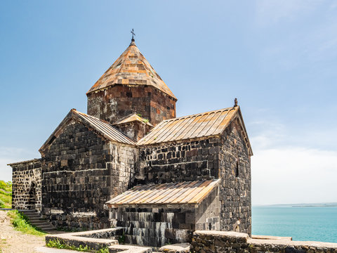 Sevanavank monastic complex and lake Sevan on a nice summer day