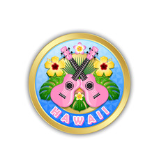 Golden Hawaii badge in Polynesian style with floral decoration and ukuleles on white background.