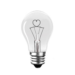 Light bulb with heart wire shape, isolated on white background, front view, 3D rendering.