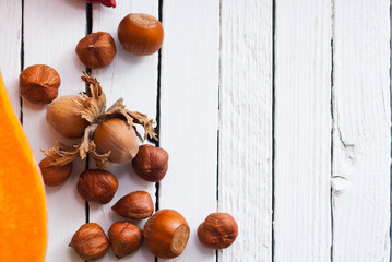 autumn fruits and vegetables on white wooden