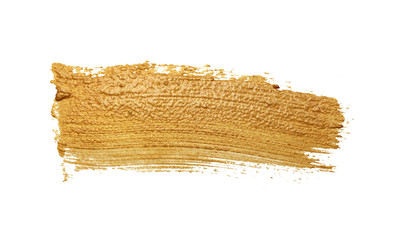Gold (bronze) glittering color smear brush stroke stain blot on white background. Abstract Paint texture.