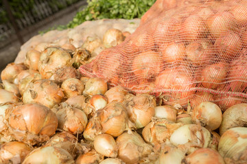Close-up of onions at a public market