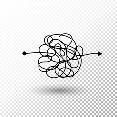 Insane messy line. Complicated clew way with transparent shadow. Tangled scribble vector path. Chaotic difficult process way illustration