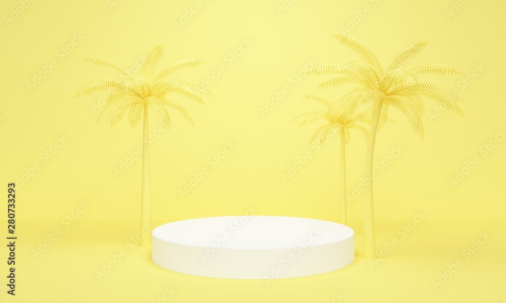 Poster geometric yellow abstract background with palm trees and white platform. 3d rendering