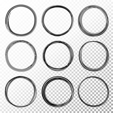 Hand drawn circle line sketch set on transparent background. Vector circular scribble doodle circles for message note mark design element. Pencil or pen graffiti bubble or ball draft illustration.