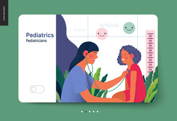 Fototapeta na wymiar Pediatrics - medical insurance -modern flat vector concept digital illustration - female pediatrician carrying out the auscultation of a little girl with a stethoscope, medical office or laboratory