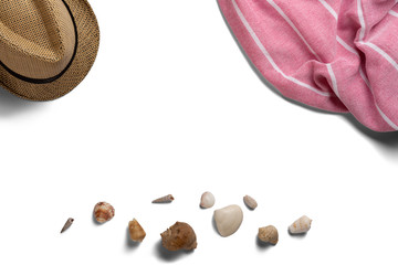Towel. Scarf. Cover for picnic. Straw hat. Seashells. Summer travel concept elements. Isolated on white background. Top view.