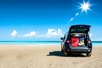 Fototapeta na wymiar Black summer car and beach landscape 