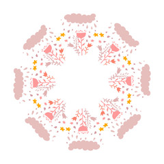 Vector beautiful wreath with flowers, leaves and cartoon style clouds. Design for invitation, wedding, stickers, posters, greeting cards