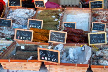Traditional sausages on market in France
