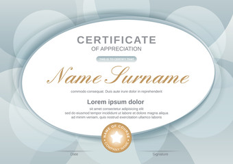 Certificate template with oval shape on grey background. Certificate of appreciation, award diploma design template. Vector illustration