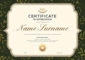 Certificate template with vintage frame on dark green floral leaf pattern background. Certificate of appreciation, award diploma design template. Vector illustration
