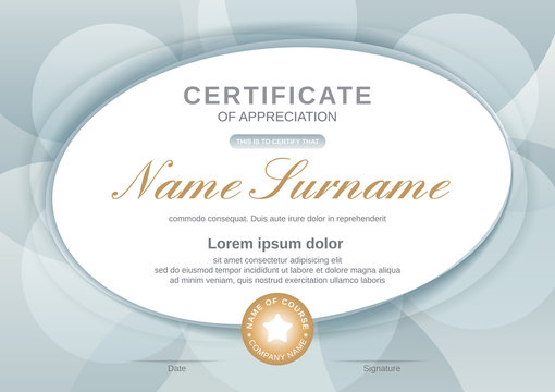 Certificate template with oval shape on grey background. Certificate of appreciation, award diploma design template. Vector illustration