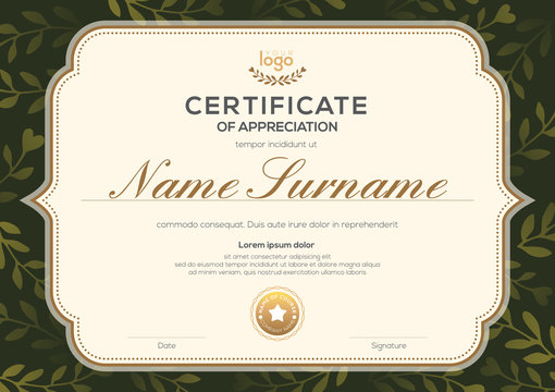 Certificate template with vintage frame on dark green floral leaf pattern background. Certificate of appreciation, award diploma design template. Vector illustration