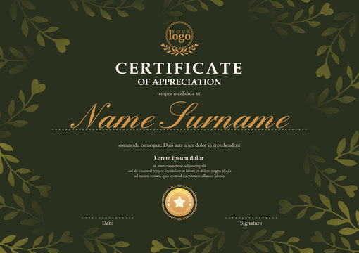 Certificate template with dark green floral leaf pattern background. Certificate of appreciation, award diploma design template. Vector illustration - Powered by Adobe