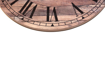 Wooden clock top centered against white background with copy space
