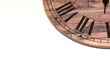 Fototapeta na wymiar Rustic Wooden Clock on White Background with Copyspace