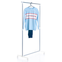 Blue sweater pants clothes on hanger rack on white background isolation