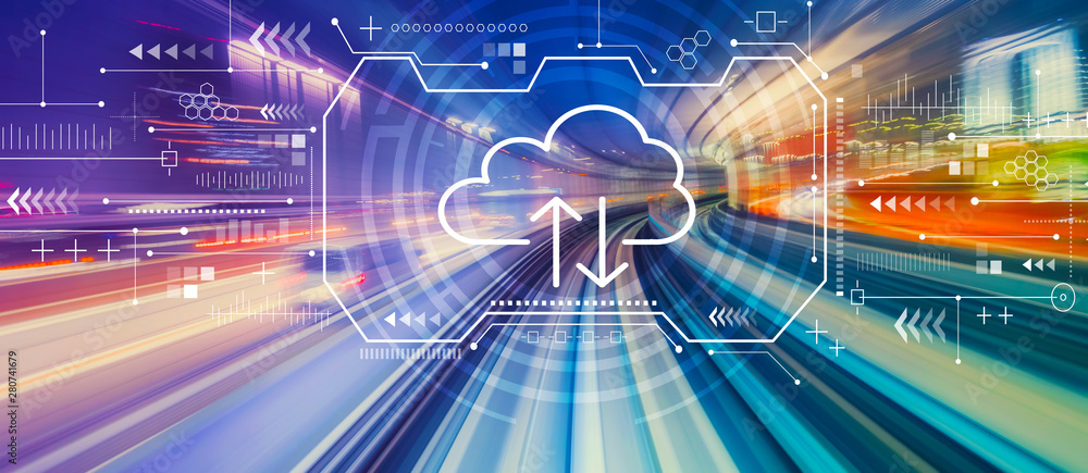 Poster cloud computing with abstract high speed technology pov motion blur
