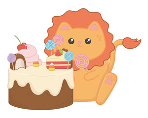 Kawaii of lion cartoon with cake design
