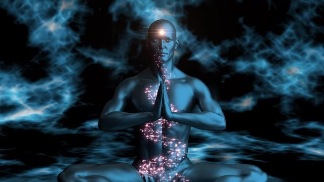 The Minds Eye 1002: A computer generated man meditating.