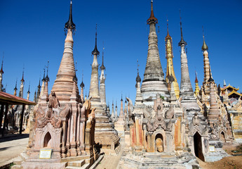 Buddhist temple complex Shwe Indein Pagoda at Inle Lake. Myanmar. Burma.